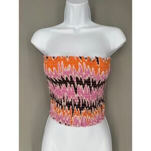 Monki Top Women XL Pink Smocked Stretch Crop Tube Colorful Strapless Brown Beach